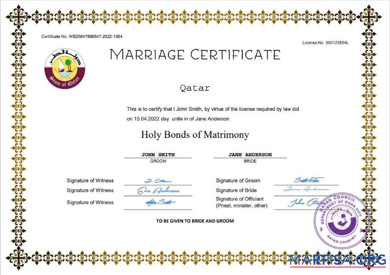 Blank Qatar marriage certificate Word and PDF template